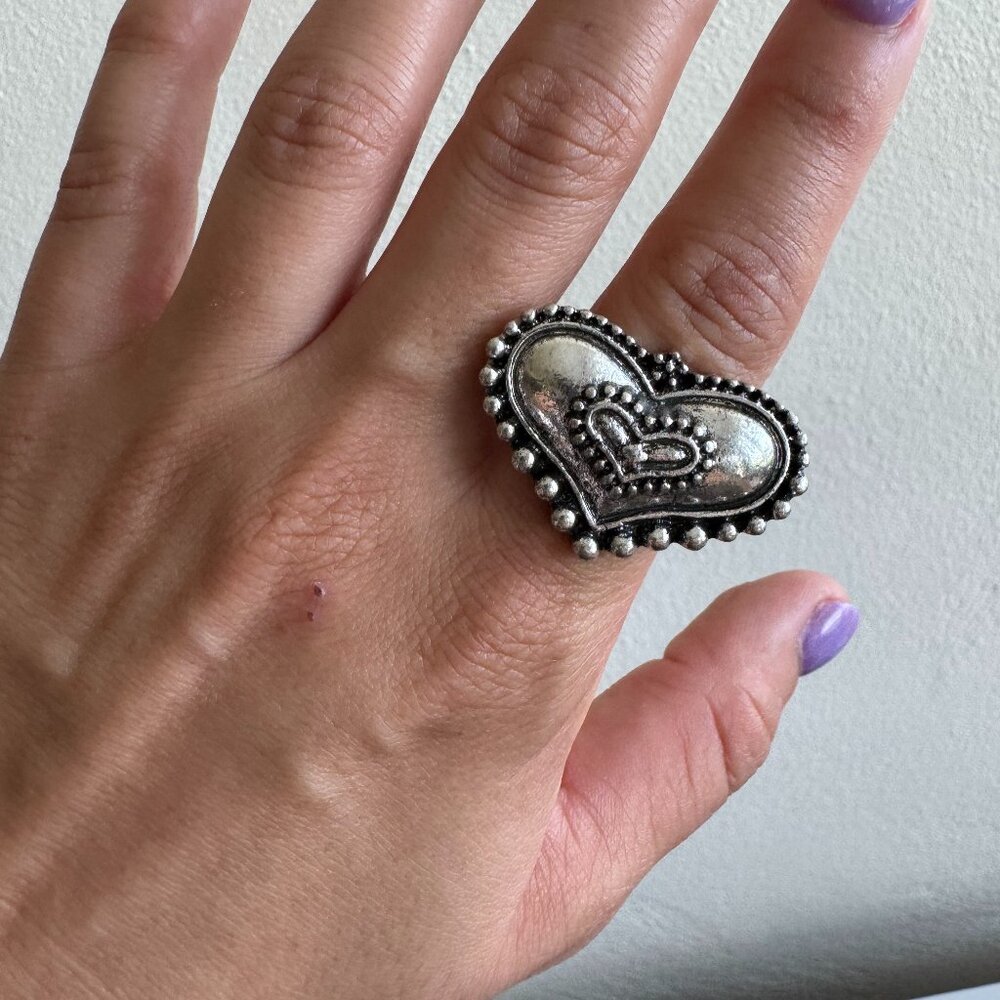 Silver Tone Heart Statement Ring Adjustable Antique Finish